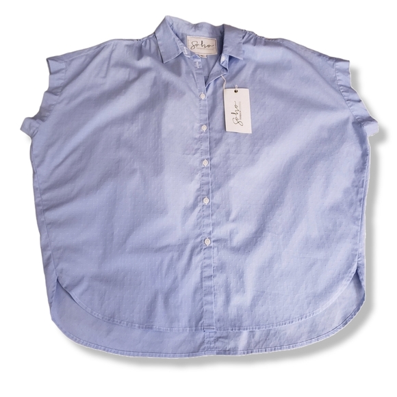 Soho Threads Blue Light Swiss Dot Button Down Blouse - Picture 8 of 9